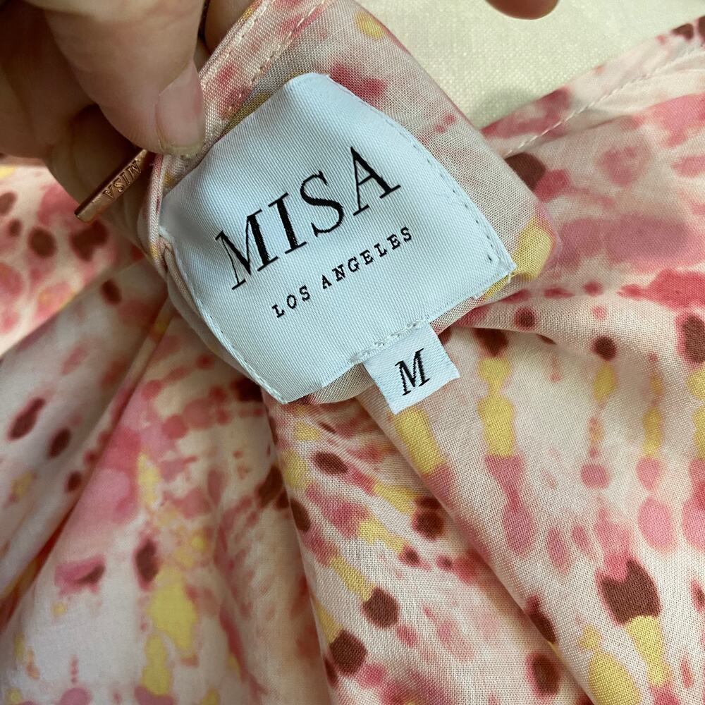 MISA Eloise Pink Tie Waist Puff Sleeve Ruffle Hem Boho Mini Dress Sz M - Picture 7 of 11